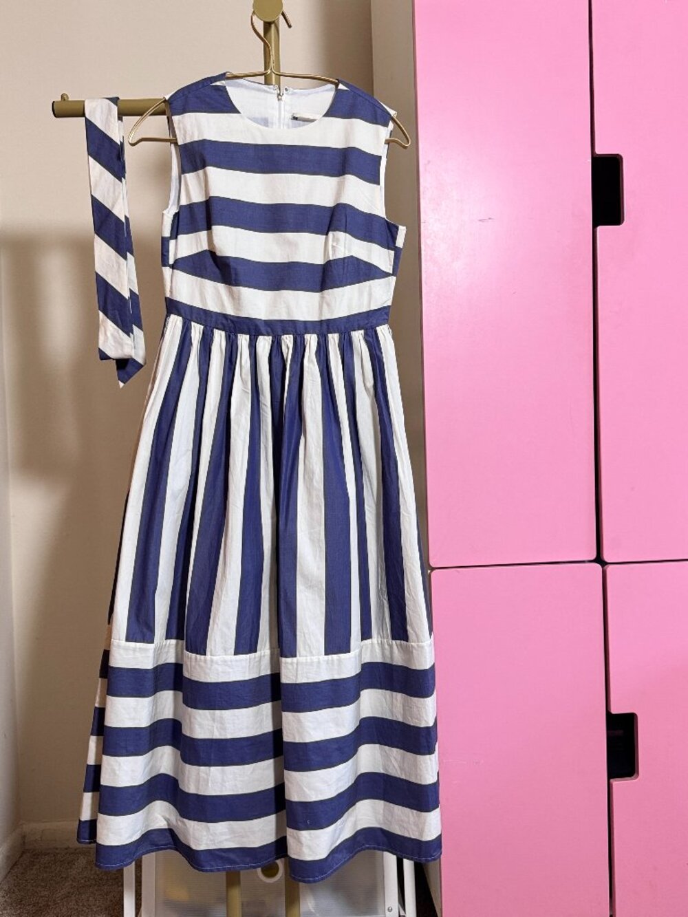 Navy White Striped Cotton Sleeveless Midi Dress with Tie Belt